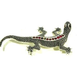 Vintage Rhinestone Lizard Brooch Emmons Silver Tone Reptile Gecko Textured